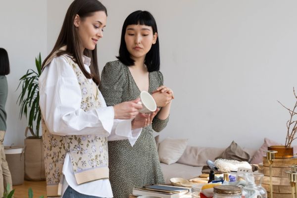 Two women looking at household items, one holding a mug