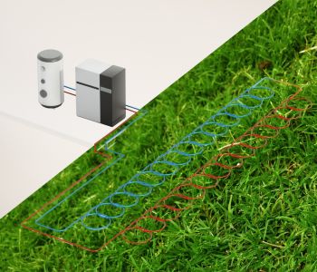 Illustration of ground source heat pump with network of pipes in ground
