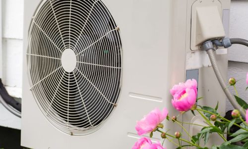 Photo of an air source heat pump with pink flowers next to it